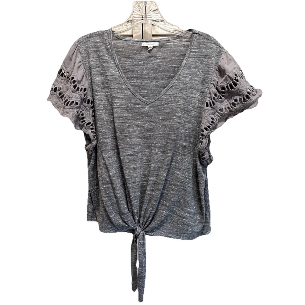 Maurices‎ Crochet Flutter Sleeve V-Neck Tie Waist Top Size 0 Gray Soft Boho